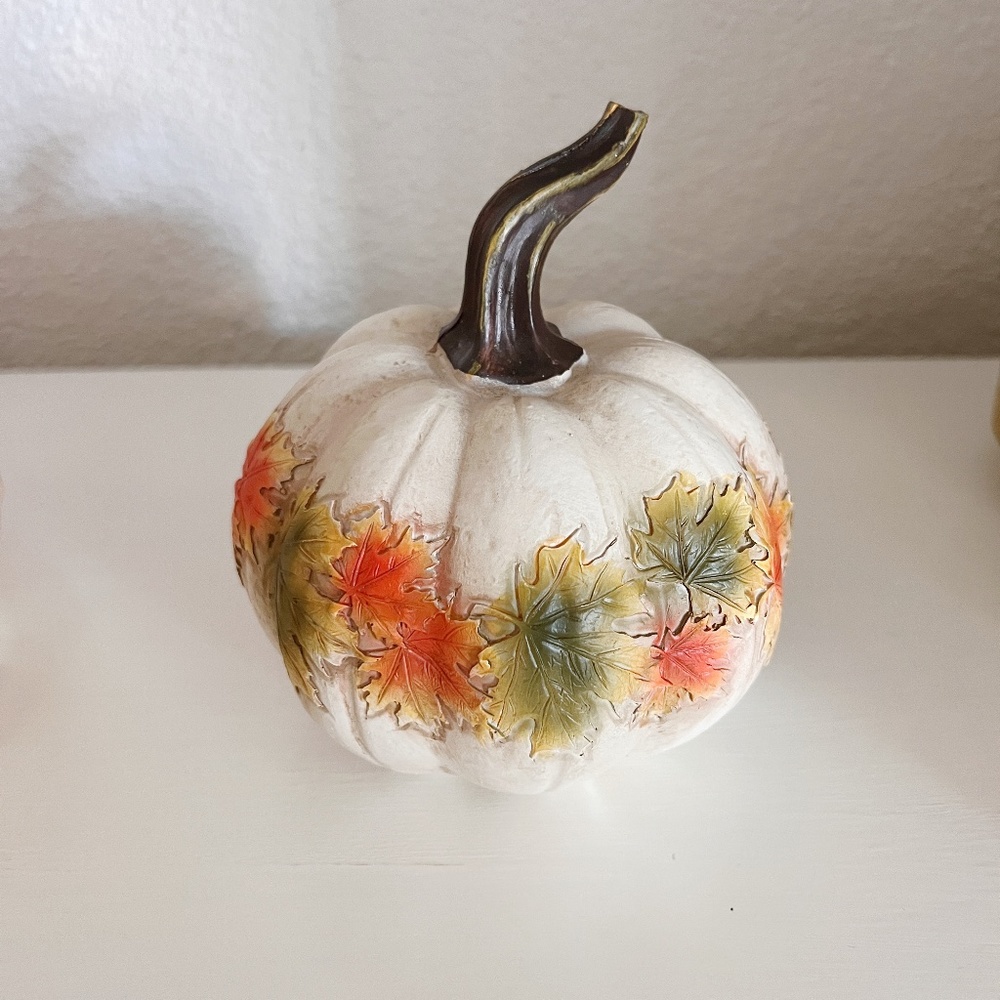 At Home White Pumpkin with Leaves Fall Decor
